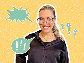 Das Bild zeigt Jasmin vor einem gelben Hintergrund mit Frage- und Ausrufezeichen im Comicstil 