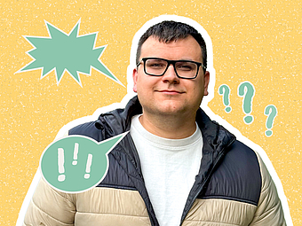 Porträt von Rick Gensch vor grafischen Sprechblasen und Fragezeichen als Teaserbild für ein Mitarbeiterinterview.