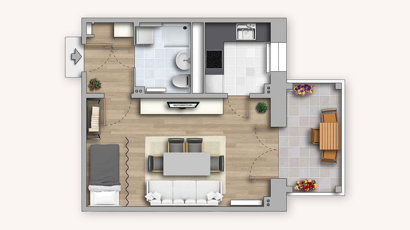 Beispielgrundriss 1-Raum-Wohnung mit Duschbad und Balkon