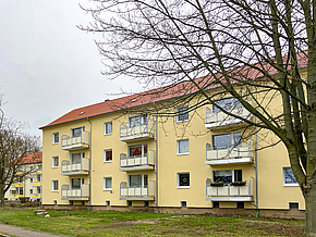 Modernisierter Wohnkomplex mit 48 Wohnungen und gelber Fassade am Ilschenberg in Salzgitter, energetisch grundsaniert von TAG Wohnen.