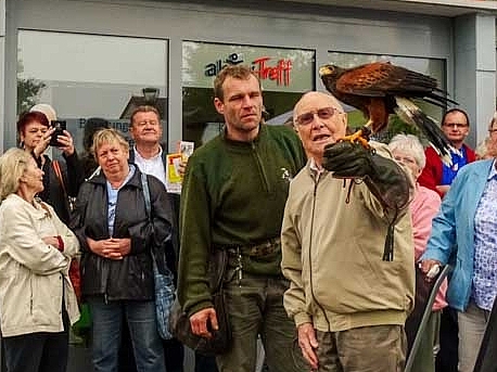 Zum Frühlingsfest zogen ein Falke und ein Bussard ihre Kreise über dem Aktiv-Treff und warteten dann auf Streicheleinheiten. 