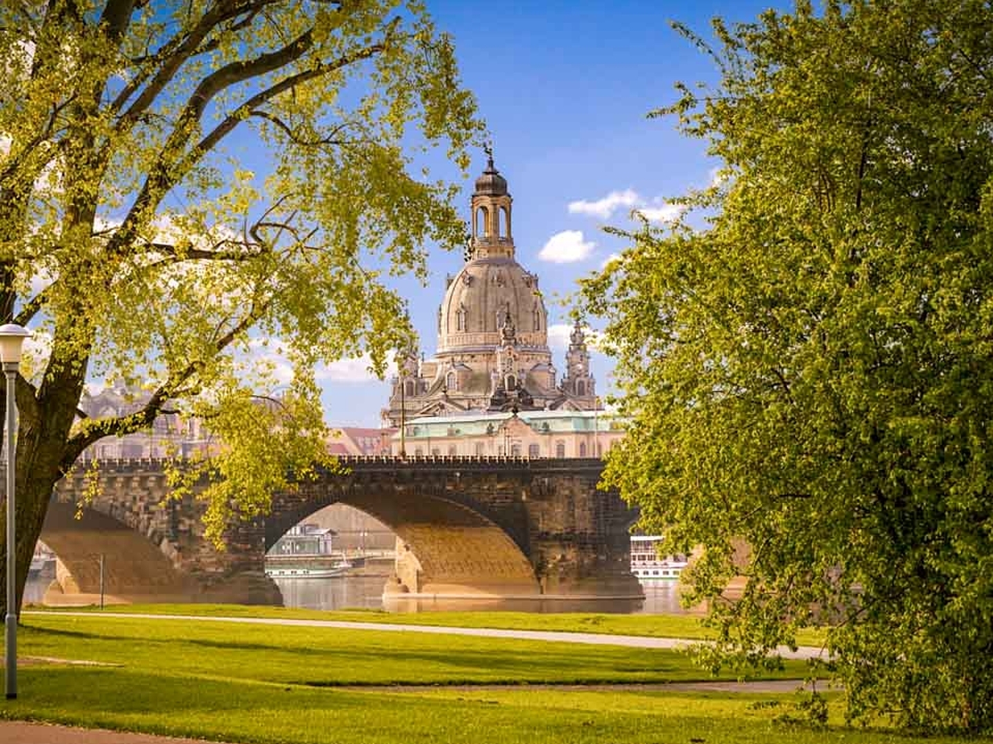 Grünfläche im Vordergrund dahinter das die große Brücke über die Elbe und die Frauenkirche bei Sonnenschein in Dresden