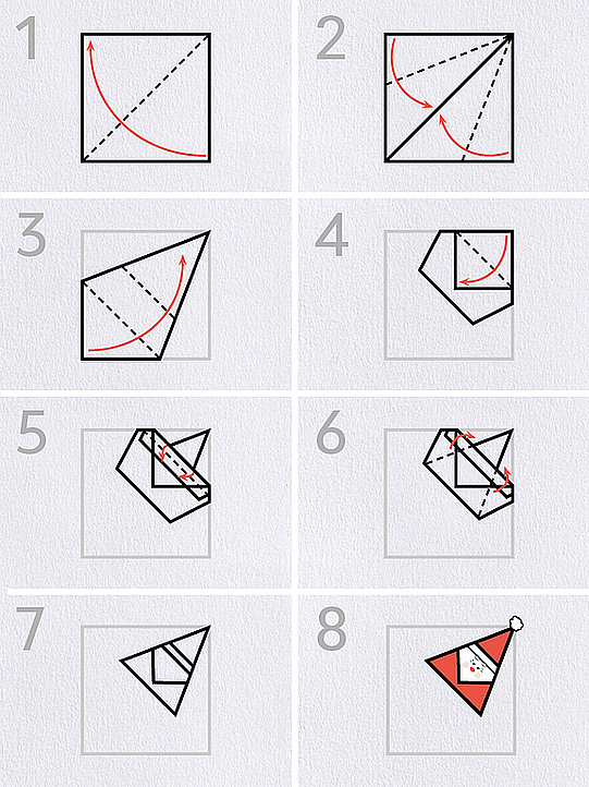Schritt-für-Schritt Anleitung zum Falten der Origami-Weihnachtsmänner. 