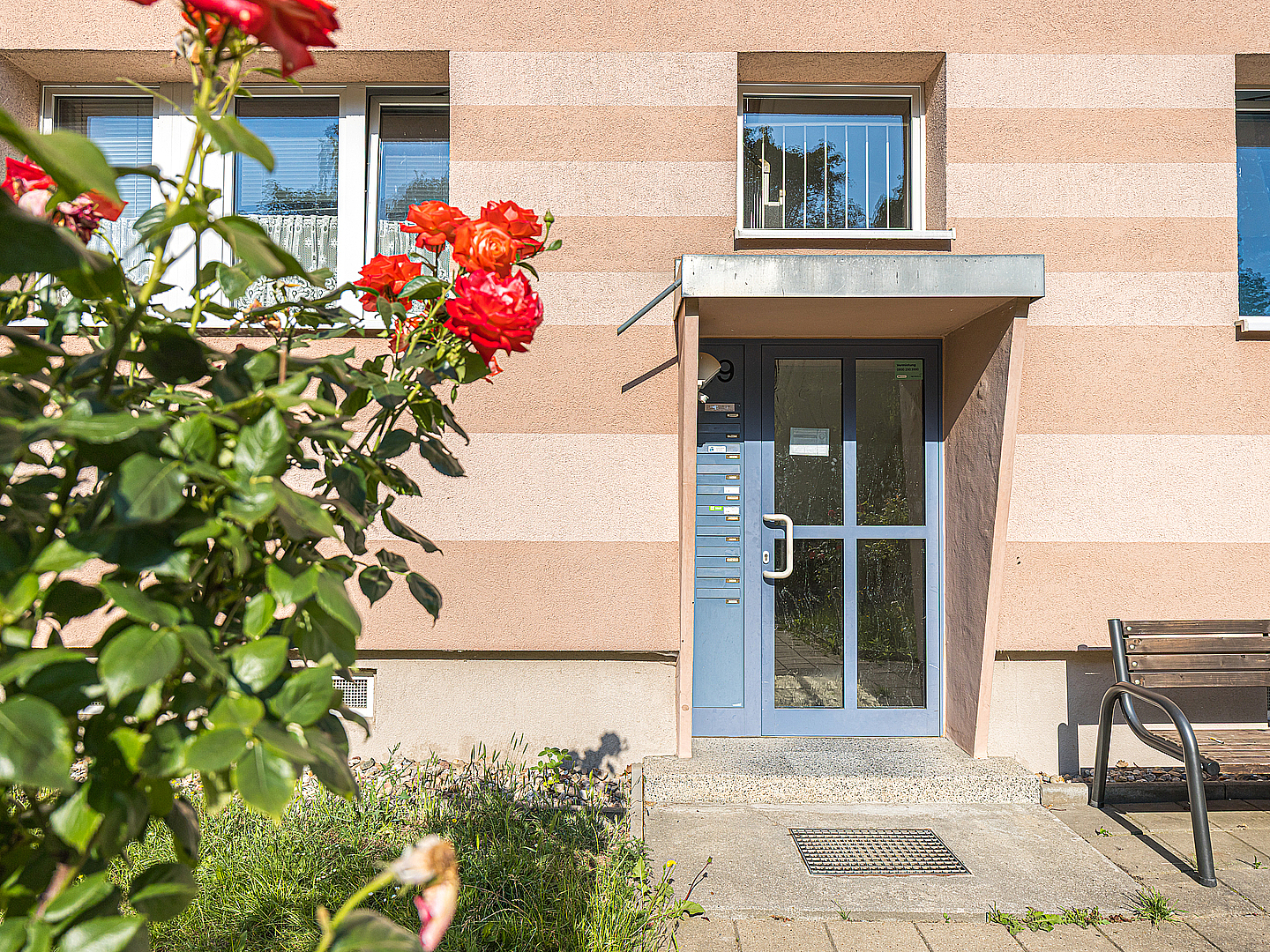 Eingangsbereich eines Mehrfamilienhauses an der Unnaer Straße in Döbeln Ost mit Haustür, kleinem Vorplatz und Blumenbeet im Vordergrund
