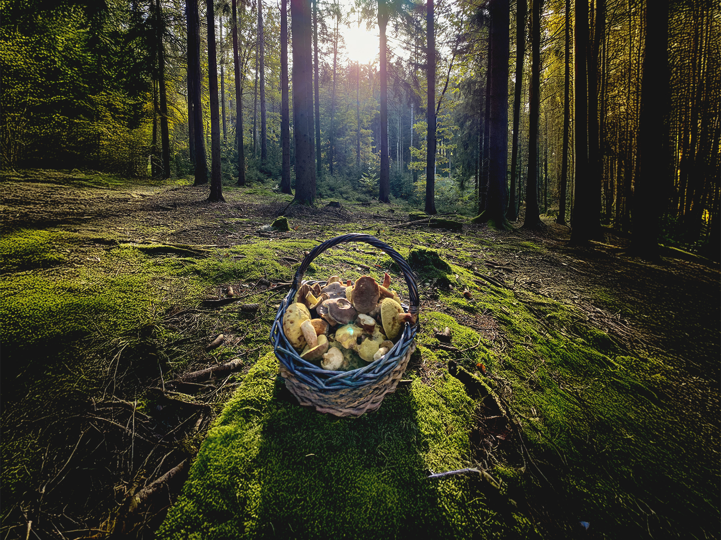 Das Bild zeigt einen Korb voller Pilze auf einer Lichtung im Wald
